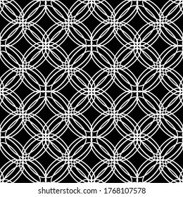 Nahtloses Muster im Jugendstil.Komplexes geometrisches Muster.Mesh Muster.Ein Muster aus feinen Linien.Weißes Ornament auf schwarzem Hintergrund.Für die Dekoration von Stoff, Papier, Tapete und Verpackung.