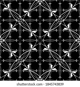 Seamless pattern in art Nouveau style.Complex geometric pattern.Mesh pattern.A pattern of fine lines.White ornament on a black background.For decorating fabric, paper, Wallpaper, and packaging.