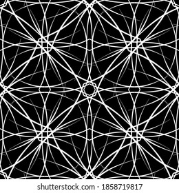 Seamless pattern in art Nouveau style.Complex geometric pattern.Mesh pattern.A pattern of fine lines.White ornament on a black background.For decorating fabric, paper, Wallpaper, and packaging.