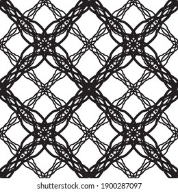 Patrón inmaculado en estilo Art Nouveau.Patrón geométrico complejo.Patrón de líneas finas.Lugar negro delgado sobre un fondo blanco.Patrón de malla.Para la decoración de tejidos, papel, papel pintado y empaque.