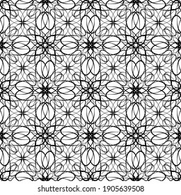 Patrón inmaculado en estilo Art Nouveau.Patrón geométrico complejo.Patrón de líneas finas.Lugar negro delgado sobre un fondo blanco.Patrón de malla.Para la decoración de tejidos, papel, papel pintado y empaque.