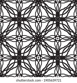 Patrón inmaculado en estilo Art Nouveau.Patrón geométrico complejo.Patrón de líneas finas.Lugar negro delgado sobre un fondo blanco.Patrón de malla.Para la decoración de tejidos, papel, papel pintado y empaque.
