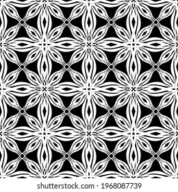 Patrón inmaculado en estilo Art Nouveau.Patrón geométrico complejo.Patrón de malla.Patrón de líneas finas.Ornamento blanco sobre fondo negro.Para la decoración de tela, papel, papel pintado y embalaje.