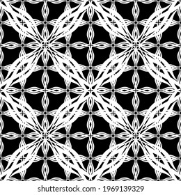 Nahtloses Muster im Jugendstil.Komplexes geometrisches Muster.Mesh Muster.Ein Muster aus feinen Linien.Weißes Ornament auf schwarzem Hintergrund.Für die Dekoration von Stoff, Papier, Tapete und Verpackung.