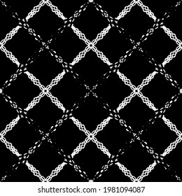 Patrón inmaculado en estilo Art Nouveau.Patrón geométrico complejo.Patrón de malla.Patrón de líneas finas.Ornamento blanco sobre fondo negro.Para la decoración de tela, papel, papel pintado y embalaje.