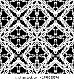 Patrón inmaculado en estilo Art Nouveau.Patrón geométrico complejo.Patrón de malla.Patrón de líneas finas.Ornamento blanco sobre fondo negro.Para la decoración de tela, papel, papel pintado y embalaje.