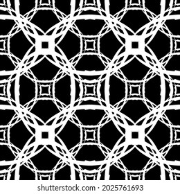 Patrón inmaculado en estilo Art Nouveau.Patrón geométrico complejo.Patrón de malla.Patrón de líneas finas.Ornamento blanco sobre fondo negro.Para la decoración de tela, papel, papel pintado y embalaje.