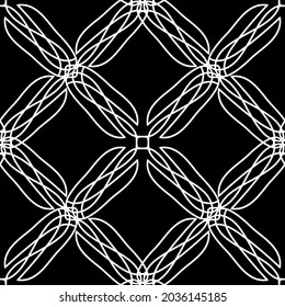 Nahtloses Muster im Jugendstil.Komplexes geometrisches Muster.Mesh Muster.Ein Muster aus feinen Linien.Weißes Ornament auf schwarzem Hintergrund.Für die Dekoration von Stoff, Papier, Tapete und Verpackung.