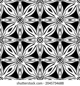 Patrón inmaculado en estilo Art Nouveau.Patrón geométrico complejo.Patrón de malla.Patrón de líneas finas.Ornamento blanco sobre fondo negro.Para la decoración de tela, papel, papel pintado y embalaje.