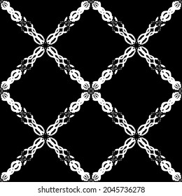 Patrón inmaculado en estilo Art Nouveau.Patrón geométrico complejo.Patrón de malla.Patrón de líneas finas.Ornamento blanco sobre fondo negro.Para la decoración de tela, papel, papel pintado y embalaje.
