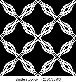 Patrón inmaculado en estilo Art Nouveau.Patrón geométrico complejo.Patrón de malla.Patrón de líneas finas.Ornamento blanco sobre fondo negro.Para la decoración de tela, papel, papel pintado y embalaje.