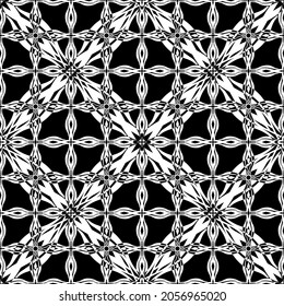 Patrón inmaculado en estilo Art Nouveau.Patrón geométrico complejo.Patrón de malla.Patrón de líneas finas.Ornamento blanco sobre fondo negro.Para la decoración de tela, papel, papel pintado y embalaje.