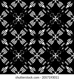 Patrón inmaculado en estilo Art Nouveau.Patrón geométrico complejo.Patrón de malla.Patrón de líneas finas.Ornamento blanco sobre fondo negro.Para la decoración de tela, papel, papel pintado y embalaje.