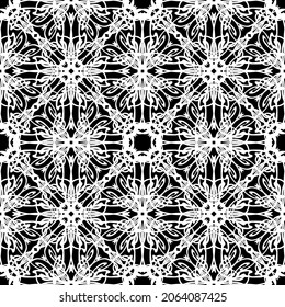 Seamless pattern in art Nouveau style.Complex geometric pattern.Mesh pattern.A pattern of fine lines.White ornament on a black background.For decorating fabric, paper, Wallpaper, and packaging.
