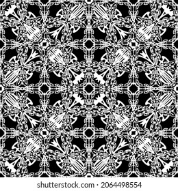 Patrón inmaculado en estilo Art Nouveau.Patrón geométrico complejo.Patrón de malla.Patrón de líneas finas.Ornamento blanco sobre fondo negro.Para la decoración de tela, papel, papel pintado y embalaje.