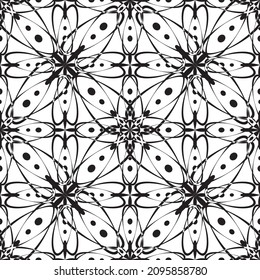 Patrón inmaculado en estilo Art Nouveau.Patrón geométrico complejo.Patrón de líneas finas.Lugar negro delgado sobre un fondo blanco.Patrón de malla.Para la decoración de tejidos, papel, papel pintado y empaque.
