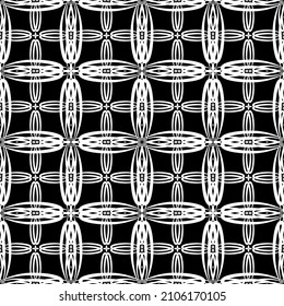 Patrón inmaculado en estilo Art Nouveau.Patrón geométrico complejo.Patrón de malla.Patrón de líneas finas.Ornamento blanco sobre fondo negro.Para la decoración de tela, papel, papel pintado y embalaje.