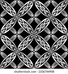 Patrón inmaculado en estilo Art Nouveau.Patrón geométrico complejo.Patrón de malla.Patrón de líneas finas.Ornamento blanco sobre fondo negro.Para la decoración de tela, papel, papel pintado y embalaje.