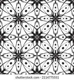 Patrón inmaculado en estilo Art Nouveau.Patrón geométrico complejo.Patrón de líneas finas.Lugar negro delgado sobre un fondo blanco.Patrón de malla.Para la decoración de tejidos, papel, papel pintado y empaque.