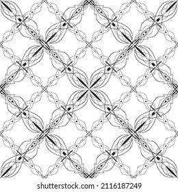 Patrón inmaculado en estilo Art Nouveau.Patrón geométrico complejo.Patrón de líneas finas.Lugar negro delgado sobre un fondo blanco.Patrón de malla.Para la decoración de tejidos, papel, papel pintado y empaque.