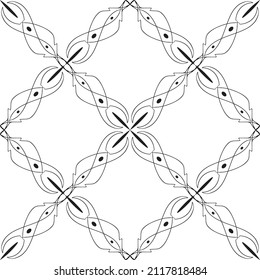 Patrón inmaculado en estilo Art Nouveau.Patrón geométrico complejo.Patrón de líneas finas.Lugar negro delgado sobre un fondo blanco.Patrón de malla.Para la decoración de tejidos, papel, papel pintado y empaque.