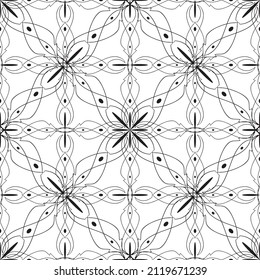 Patrón inmaculado en estilo Art Nouveau.Patrón geométrico complejo.Patrón de líneas finas.Lugar negro delgado sobre un fondo blanco.Patrón de malla.Para la decoración de tejidos, papel, papel pintado y empaque.