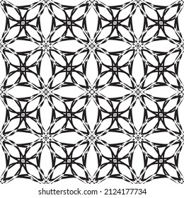 Patrón inmaculado en estilo Art Nouveau.Patrón geométrico complejo.Patrón de líneas finas.Lugar negro delgado sobre un fondo blanco.Patrón de malla.Para la decoración de tejidos, papel, papel pintado y empaque.