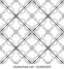 Patrón inmaculado en estilo Art Nouveau.Patrón geométrico complejo.Patrón de líneas finas.Lugar negro delgado sobre un fondo blanco.Patrón de malla.Para la decoración de tejidos, papel, papel pintado y empaque.