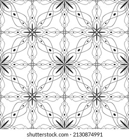 Patrón inmaculado en estilo Art Nouveau.Patrón geométrico complejo.Patrón de líneas finas.Lugar negro delgado sobre un fondo blanco.Patrón de malla.Para la decoración de tejidos, papel, papel pintado y empaque.