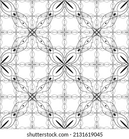 Patrón inmaculado en estilo Art Nouveau.Patrón geométrico complejo.Patrón de líneas finas.Lugar negro delgado sobre un fondo blanco.Patrón de malla.Para la decoración de tejidos, papel, papel pintado y empaque.