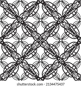 Patrón inmaculado en estilo Art Nouveau.Patrón geométrico complejo.Patrón de líneas finas.Lugar negro delgado sobre un fondo blanco.Patrón de malla.Para la decoración de tejidos, papel, papel pintado y empaque.