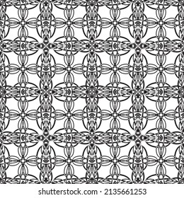 Patrón inmaculado en estilo Art Nouveau.Patrón geométrico complejo.Patrón de líneas finas.Lugar negro delgado sobre un fondo blanco.Patrón de malla.Para la decoración de tejidos, papel, papel pintado y empaque.