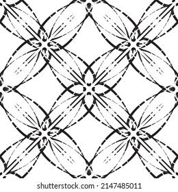 Patrón inmaculado en estilo Art Nouveau.Patrón geométrico complejo.Patrón de líneas finas.Lugar negro delgado sobre un fondo blanco.Patrón de malla.Para la decoración de tejidos, papel, papel pintado y empaque.