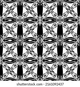 Nahtloses Muster im Jugendstil.Komplexes geometrisches Muster.Ein Muster aus feinen Linien.Zarter schwarzer Spitz auf weißem Hintergrund.Mesh Muster.Für die Dekoration von Stoff, Papier, Tapete und Verpackung.
