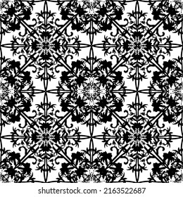 Nahtloses Muster im Jugendstil.Komplexes geometrisches Muster.Ein Muster aus feinen Linien.Zarter schwarzer Spitz auf weißem Hintergrund.Mesh Muster.Für die Dekoration von Stoff, Papier, Tapete und Verpackung.