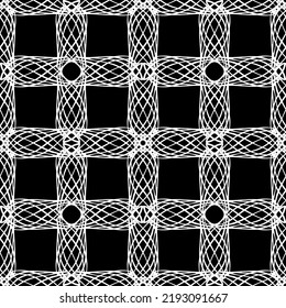 Nahtloses Muster im Jugendstil.Komplexes geometrisches Muster.Mesh Muster.Ein Muster aus feinen Linien.Weißes Ornament auf schwarzem Hintergrund.Für die Dekoration von Stoff, Papier, Tapete und Verpackung.