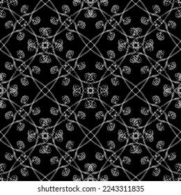 Patrón inmaculado en estilo Art Nouveau.Patrón geométrico complejo.Patrón de malla.Patrón de líneas finas.Ornamento blanco sobre fondo negro.Para la decoración de tela, papel, papel pintado y embalaje.