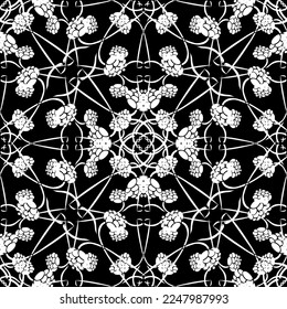 Patrón inmaculado en estilo Art Nouveau.Patrón geométrico complejo.Patrón de malla.Patrón de líneas finas.Ornamento blanco sobre fondo negro.Para la decoración de tela, papel, papel pintado y embalaje.
