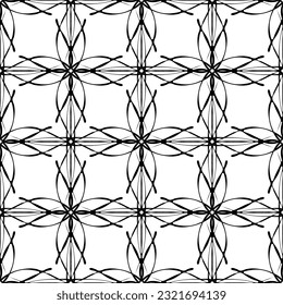 Patrón inmaculado en estilo Art Nouveau.Patrón geométrico complejo.Patrón de líneas finas.Lugar negro delgado sobre un fondo blanco.Patrón de malla.Para la decoración de tejidos, papel, papel pintado y empaque.