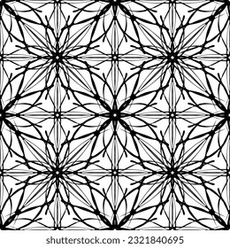 Nahtloses Muster im Jugendstil.Komplexes geometrisches Muster.Ein Muster aus feinen Linien.Zarter schwarzer Spitz auf weißem Hintergrund.Mesh Muster.Für die Dekoration von Stoff, Papier, Tapete und Verpackung.