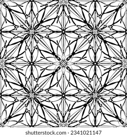 Patrón inmaculado en estilo Art Nouveau.Patrón geométrico complejo.Patrón de líneas finas.Lugar negro delgado sobre un fondo blanco.Patrón de malla.Para la decoración de tejidos, papel, papel pintado y empaque.
