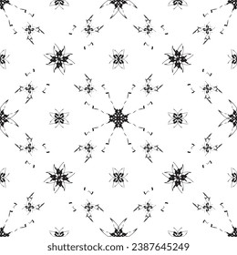 Patrón inmaculado en estilo Art Nouveau.Patrón geométrico complejo.Patrón de líneas finas.Lugar negro delgado sobre un fondo blanco.Patrón de malla.Para la decoración de tejidos, papel, papel pintado y empaque.
