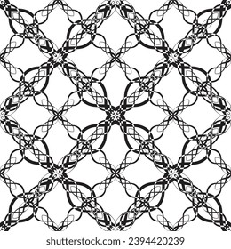 Patrón inmaculado en estilo Art Nouveau.Patrón geométrico complejo.Patrón de líneas finas.Lugar negro delgado sobre un fondo blanco.Patrón de malla.Para la decoración de tejidos, papel, papel pintado y empaque.