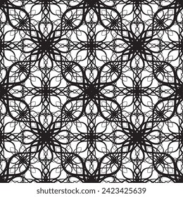 Patrón inmaculado en estilo Art Nouveau.Patrón geométrico complejo.Patrón de líneas finas.Lugar negro delgado sobre un fondo blanco.Patrón de malla.Para la decoración de tejidos, papel, papel pintado y empaque.