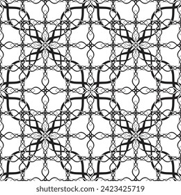 Patrón inmaculado en estilo Art Nouveau.Patrón geométrico complejo.Patrón de líneas finas.Lugar negro delgado sobre un fondo blanco.Patrón de malla.Para la decoración de tejidos, papel, papel pintado y empaque.