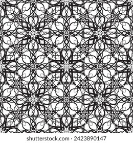 Patrón inmaculado en estilo Art Nouveau.Patrón geométrico complejo.Patrón de líneas finas.Lugar negro delgado sobre un fondo blanco.Patrón de malla.Para la decoración de tejidos, papel, papel pintado y empaque.