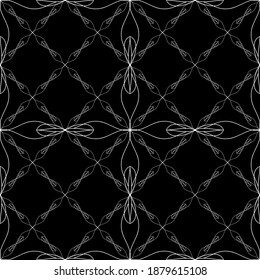 Patrón sin foco en el estilo Art Nouveau. Patrón de malla. Patrón geométrico complejo. Patrón blanco sobre fondo negro. Para la decoración de tejidos, papel, tapiz y embalaje.