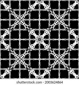 Patrón sin foco en el estilo Art Nouveau. Patrón de malla. Patrón geométrico complejo. Patrón blanco sobre fondo negro. Para la decoración de tejidos, papel, tapiz y embalaje.