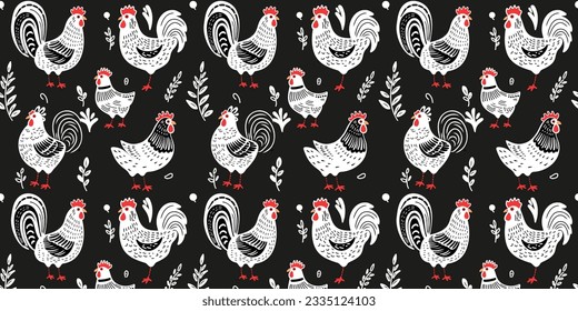 Seamless pattern with art set of laying hens and roosters, vector illustration in doodle style or line art