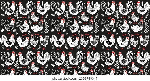 Seamless pattern with art set of laying hens and roosters, vector illustration in doodle style or line art